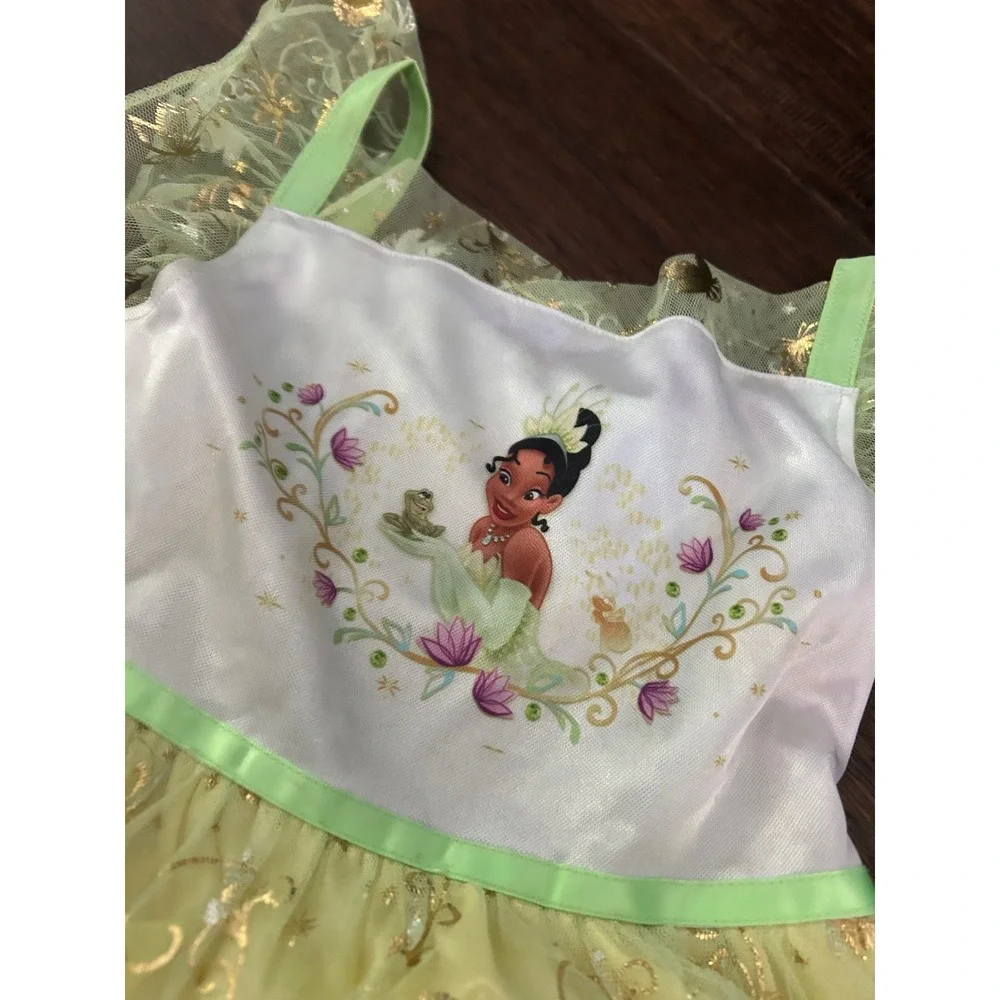 Disney Princess Tiana Costume Dress Green Yellow Gold Foil Girls Kids Dress Up - Picture 3 of 4